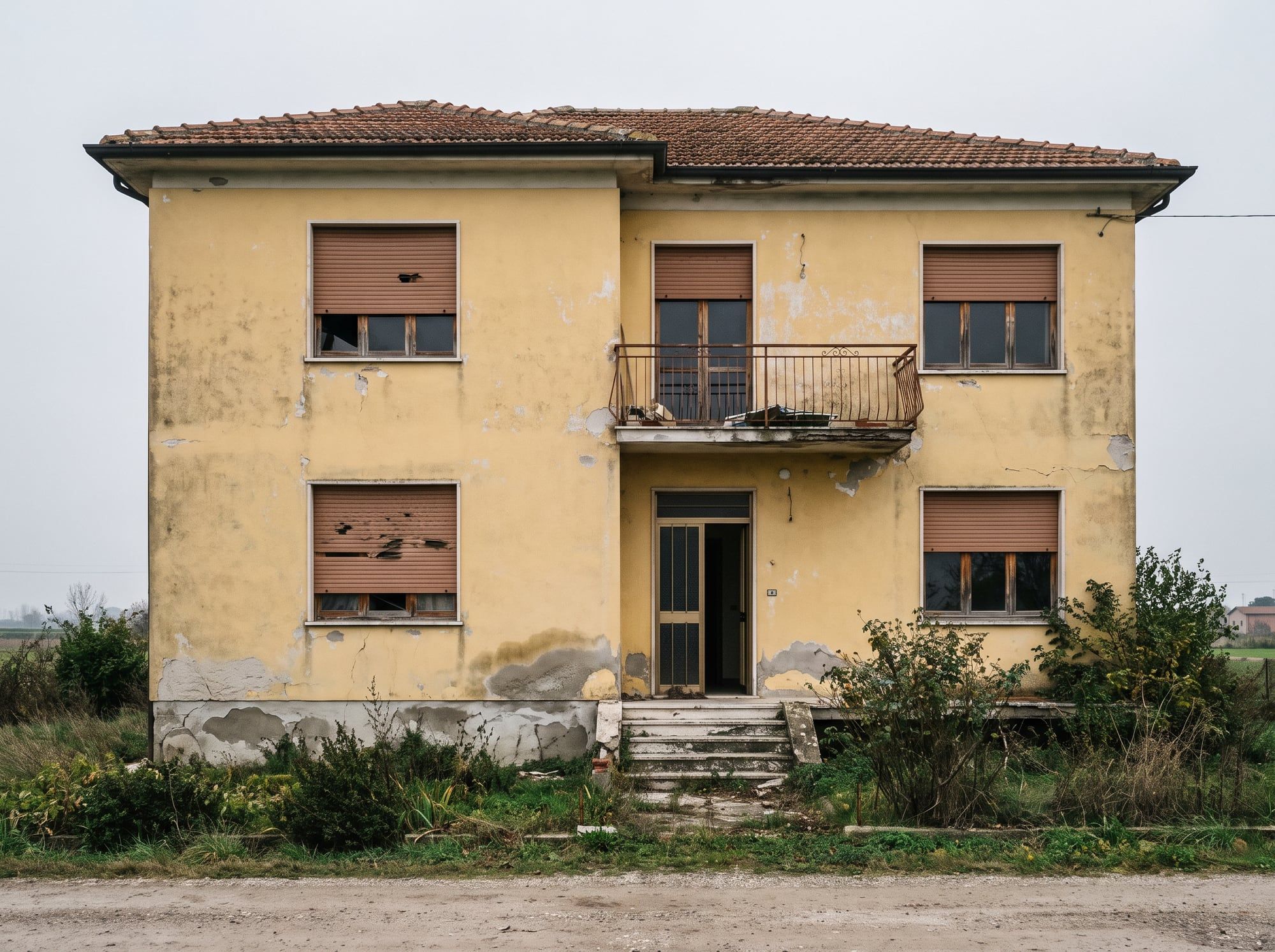 Facciata prima dei lavori: intonaco giallo scrostato, tapparelle rotte, ringhiera arrugginita e giardino incolto.